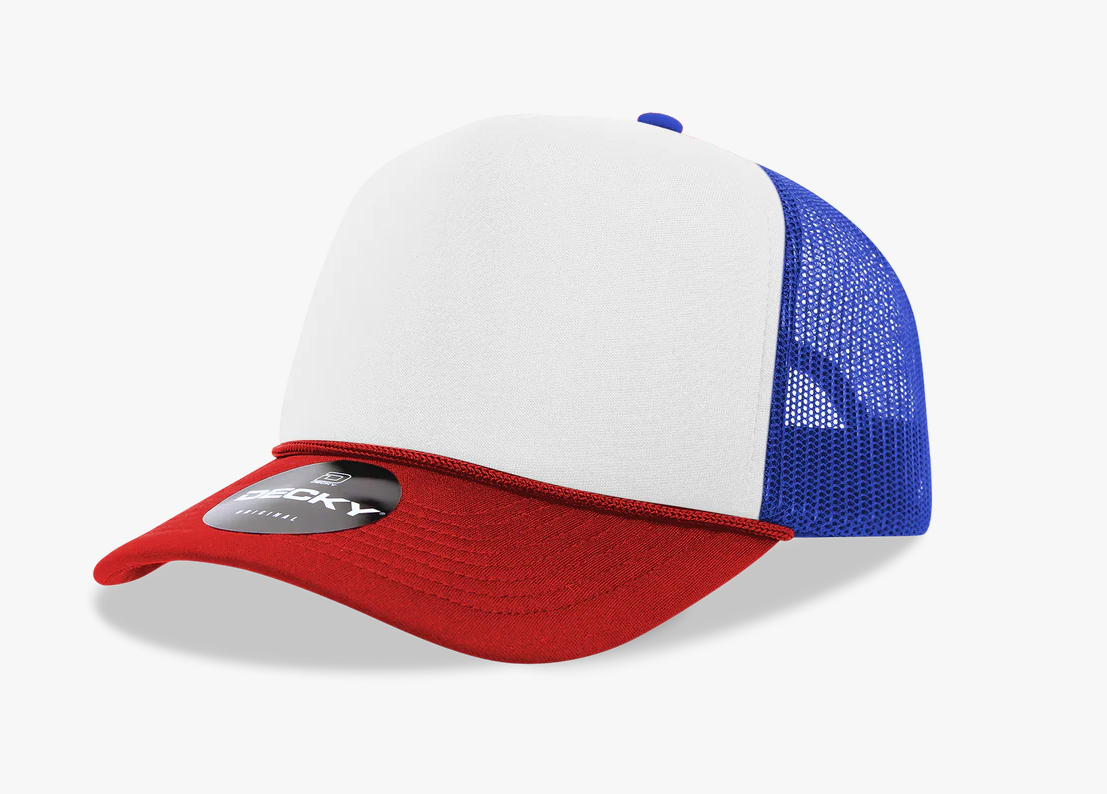 DECKY 6025 - 5 Panel Mid Profile Structured Foam Trucker,Red/Wht/Ryl